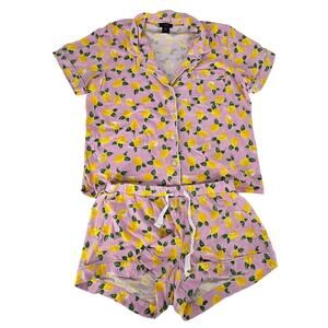 J Crew Lemon Pajama Short Set 100% Cotton Pink Button Down Shirt Womens Large